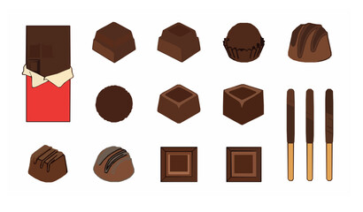 Fototapeta premium Chocolate vector set assorted chocolate bars truffles and bonbons flat design collection isolated on white background