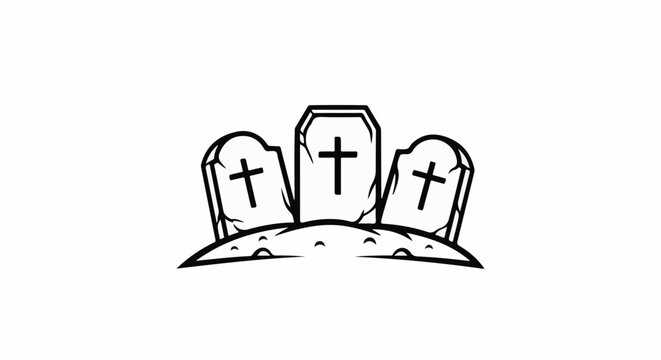 Three rough tombstone outlines with crosses above a mound