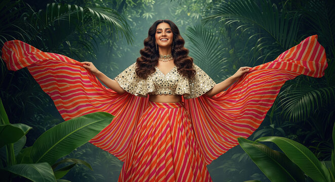 Beautiful Indian Woman in Vibrant Lehenga Choli Amidst Jungle