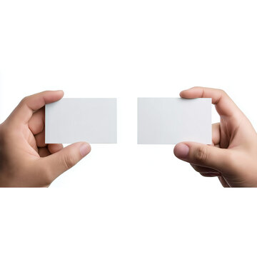  two hands holding a blank white business card, front and back side, isolated on a white background.