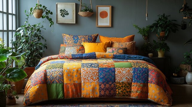 Vibrant bohemian bedding set featuring intricate patterns and bold colors laid across a rustic wooden bed frame surrounded by plants and natural light for an artistic vibe