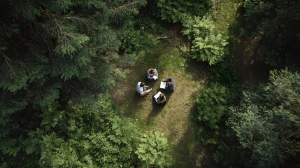 Obraz premium Aerial view of a group of people studying together in a peaceful forest clearing
