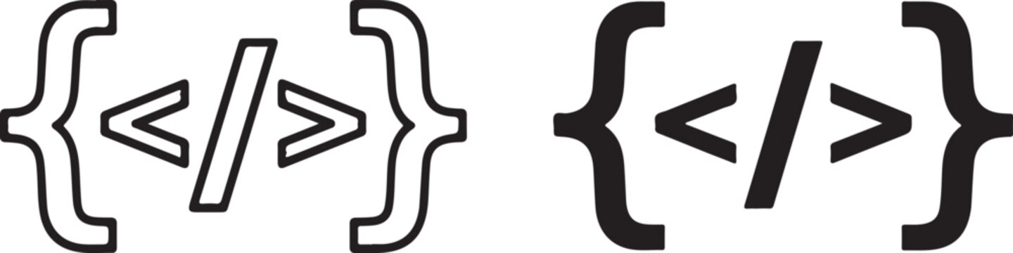 Black and white programming code symbols with outline and solid curly brackets and slash