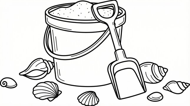 Black and white line art illustration of beach bucket with sand shovel and seashells isolated on plain background.