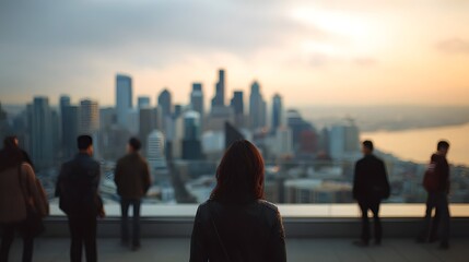 Obraz premium Figures on a rooftop gaze at a vast atmospheric city skyline during twilight embodying urban contemplation and scenic beauty