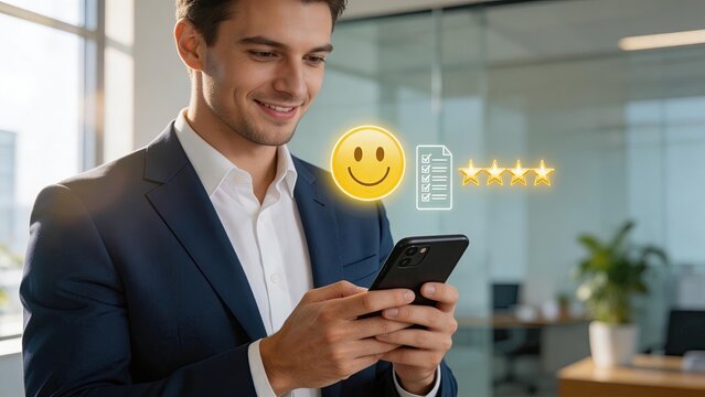 Businessman using smartphone happy with five star customer review and feedback smiling man in office checking mobile app rating positive client satisfaction digital service