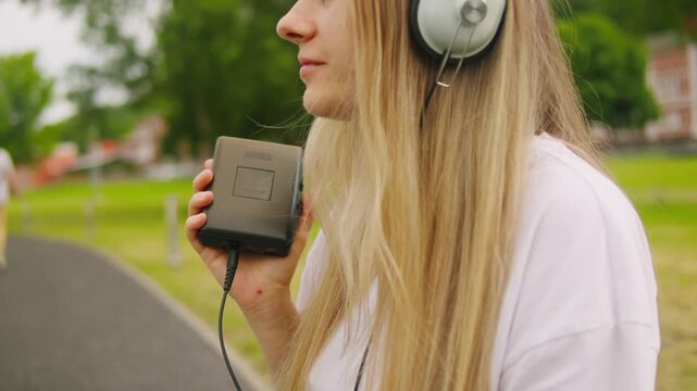 Vintage audio cassette tape playing music from cassette, used for portable music playback and recording, woman hands play cassette streaming, am fm radio from 90s.