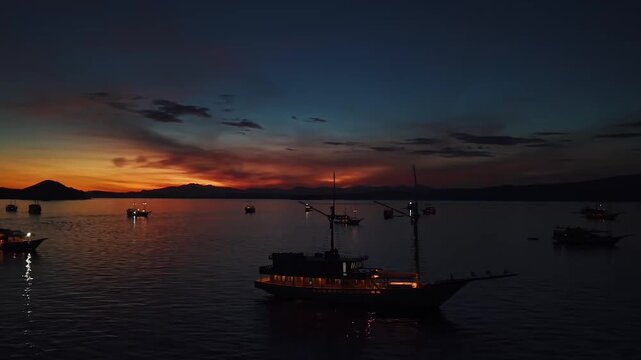 Sunset Over Labuan Bajo Harbor with Traditional Pinisi Boats in Flores, Indonesia