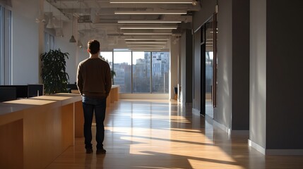 Fototapeta premium A solitary man stands in a modern office hallway bathed in sunlight streaming through large casting long shadows on the wooden floor