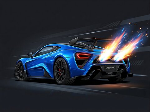 Digital Illustration of a High-Performance Blue Sports Car with Flames Shooting from Exhaust on a Dark Background