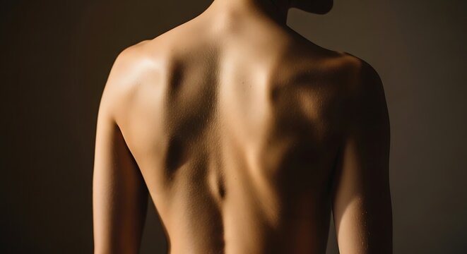 Close up view of a person s bare back showing shoulder blades and spine structure with dramatic lighting creating shadows and highlights on the skin