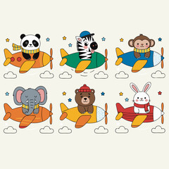Fototapeta premium Six cartoon animals and a person flying airplanes