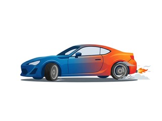 Fototapeta premium Modern Sports Car Drifting and Performing Burnout with Tire Smoke and Exhaust Flame, Gradient Illustration Vector Isolated on White