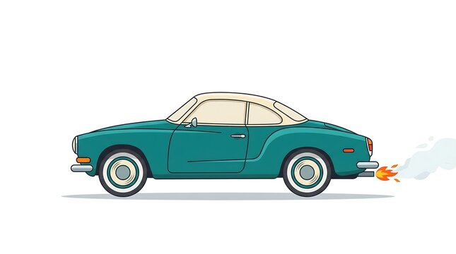 Vector illustration of a classic vintage teal coupe car with flames coming out of the exhaust pipe isolated on white background