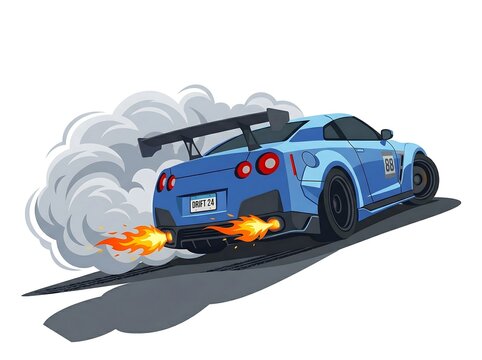 Blue Sports Car Drifting with Tire Smoke and Exhaust Flames Vector Illustration