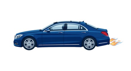 Naklejka premium Blue Luxury Sedan Vector Illustration with Fire Exhaust and High Speed Performance Concept Isolated on White
