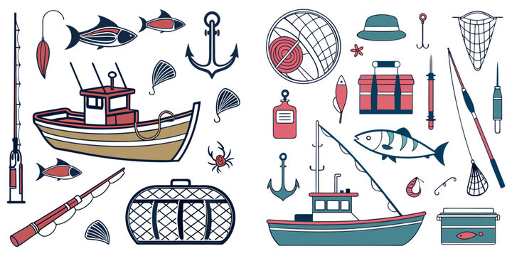 Fishing Tools & Boat Vector Bundle &ndash; Fishing Equipment, Marine Vessel & Nautical Icons Set