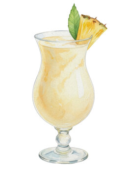 An appealing watercolor illustration depicts a creamy yellow tropical cocktail, likely a Pina Colada, served in a hurricane glass and garnished with a fresh pineapple wedge and vibrant green mint leaf