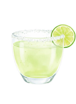 Vibrant watercolor illustration captures a refreshing margarita cocktail, complete with a salted rim and a fresh lime slice garnish, presented in a clear glass