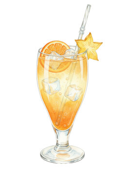 A vibrant watercolor illustration depicts a refreshing orange drink served in a glass with ice cubes, a fresh orange slice, a straw, and a tropical starfruit garnish on a isolated background