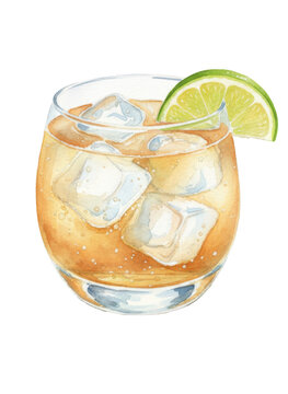 Vibrant hand painted watercolor illustration depicts a refreshing amber colored beverage in a glass filled with ice cubes and garnished with a fresh green lime wedge on a isolated background