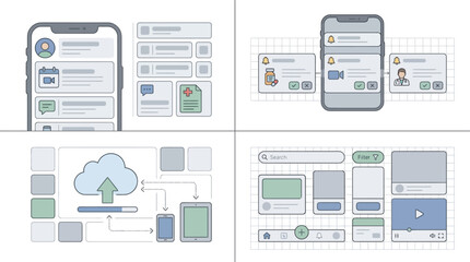 Fototapeta premium Blueprint of modern UI/UX design for digital platforms, showcasing mobile apps, web interfaces, cloud data synchronization, and advanced telemedicine solutions