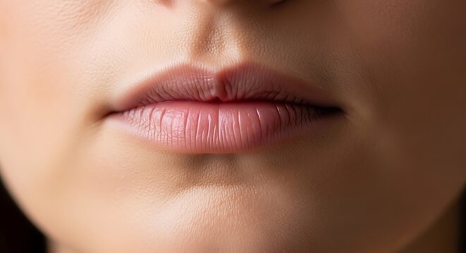 Close up extreme macro detail view of a young woman s natural pink lips with soft texture conveying subtle emotion and humanity in neutral lighting