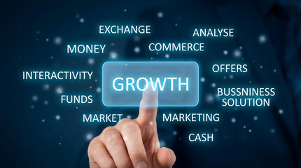 Obraz premium Business growth concept touching digital button with financial marketing icons for web banner