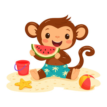 Cartoon summer monkey with watermelon. Cute animal character on beach. Vector illustration for kids holiday, children design and vacation