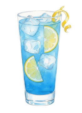 A refreshing blue watercolor cocktail with ice cubes, lemon slices, and a lemon peel garnish is beautifully hand-painted and isolated on a clean white background, evoking a cool summery vibe