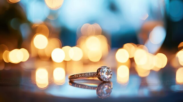 A romantic shot of a wedding ring set against a blurred background of a wedding reception.