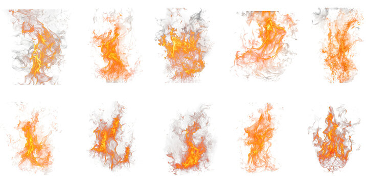 Abstract fiery shapes with dynamic flame effects on isolated transparent canvas.
