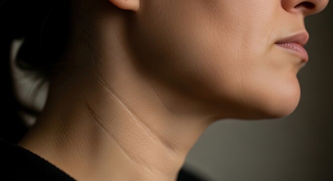 Close up profile of a persons neck and jawline showing distinct lines and texture underneath neutral lighting for beauty and skincare concepts
