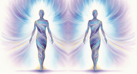 Obraz premium Luminous Connected Figures Symbolizing Spiritual Awakening Divine Unity Shared Cosmic Energy Watercolor Illustration JPG