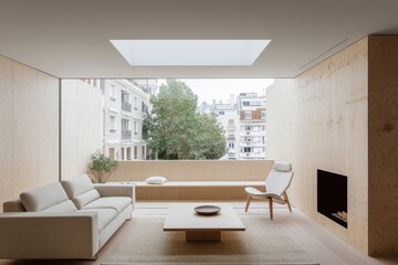 Fototapeta premium Minimalist living room with natural wood walls, a skylight, modern furniture, and a large window showcasing urban trees and buildings outside.