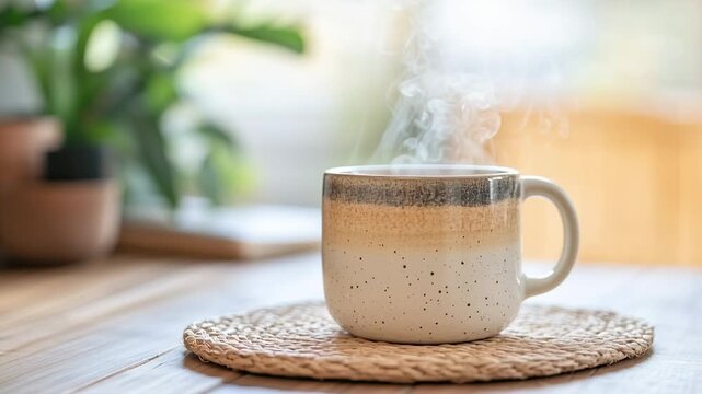 Static shot of ceramic mug with steam rising on wooden table by window in cozy morning kitchen scene