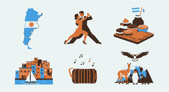 Argentina cultural icons tango dancers map food architecture and wildlife