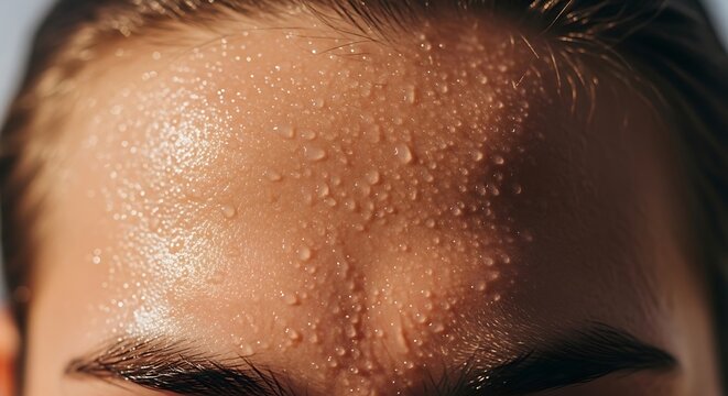 Close up extreme detail of forehead covered in small beads of perspiration indicating heat exertion or physical activity with individual hairs
