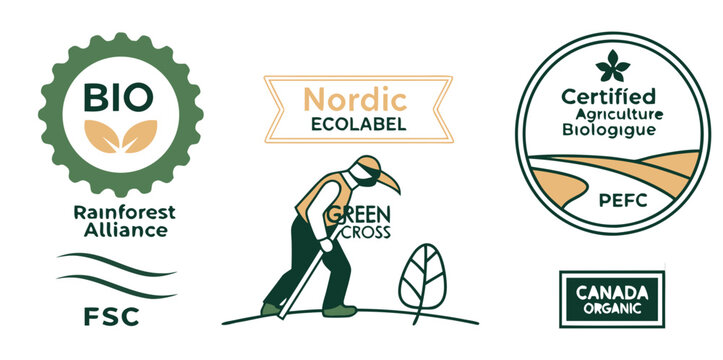 Collection of Bio and Eco Certification Logos. BIO, Nordic Ecolabel, Certifie Agriculture Biologique, Rainforest Alliance, Green Cross, PEFC, FSC, Canada Organic .vector  icons
