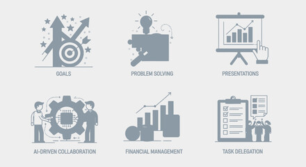 Fototapeta premium Business icons illustrating goals problem solving presentations and task management