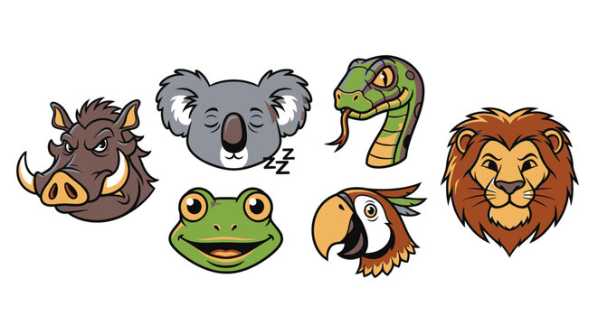 Cartoon animal heads set boar koala snake lion frog parrot illustration