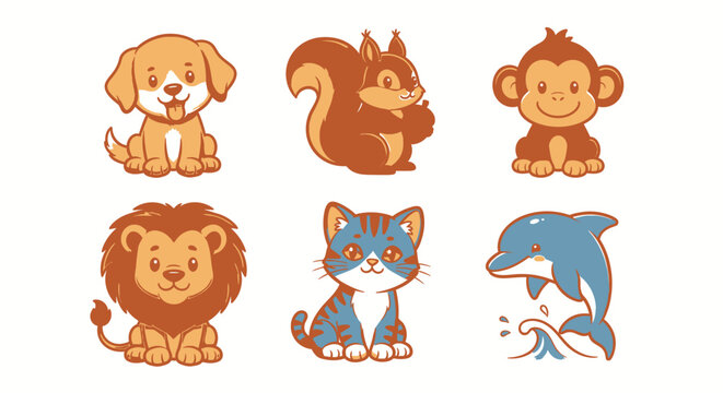 Cartoon animals set illustrations featuring dog squirrel monkey lion cat dolphin