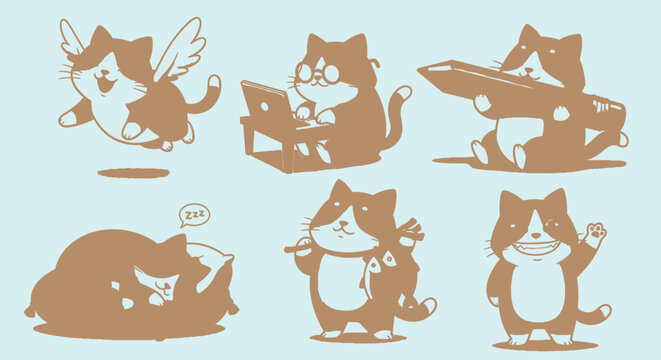 Cartoon cats in various poses winged working fighting sleeping playing waving