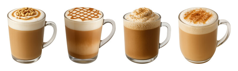 Fototapeta premium PNG Four delicious coffee beverages displayed on transparent background