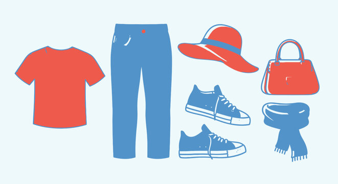 Casual clothing collection t shirt pants hat shoes handbag and scarf