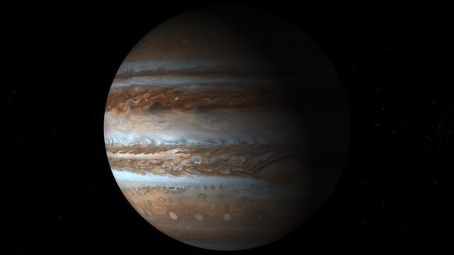 Swirling clouds on jupiter planet close up view of the red spot rotating in space
