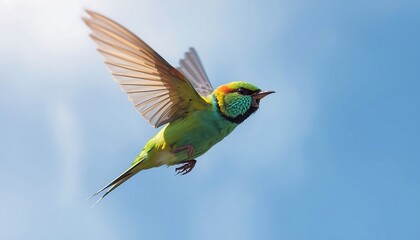Fototapeta premium A vibrant green bee-eater bird with colorful plumage is captured in mid-flight against a clear blue sky.
