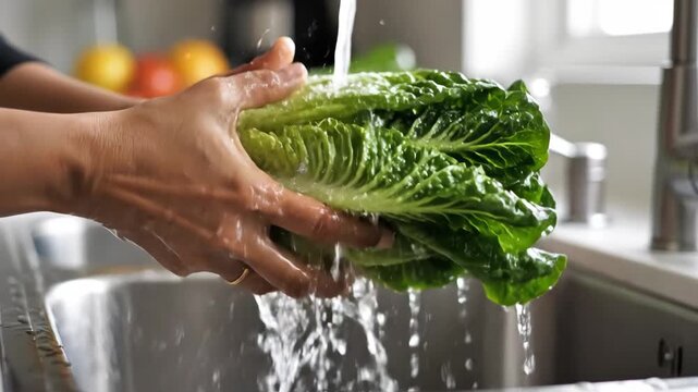 close-up slow motion washing fresh green kale under kitchen faucet