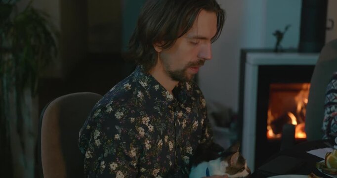 Kid Spend Time with Uncles. Friends Have a Home Party Dinner. 4K 10-bit