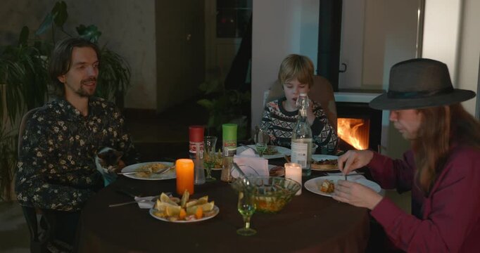 Kid Spend Time with Uncles. Friends Have a Home Party Dinner. 4K 10-bit